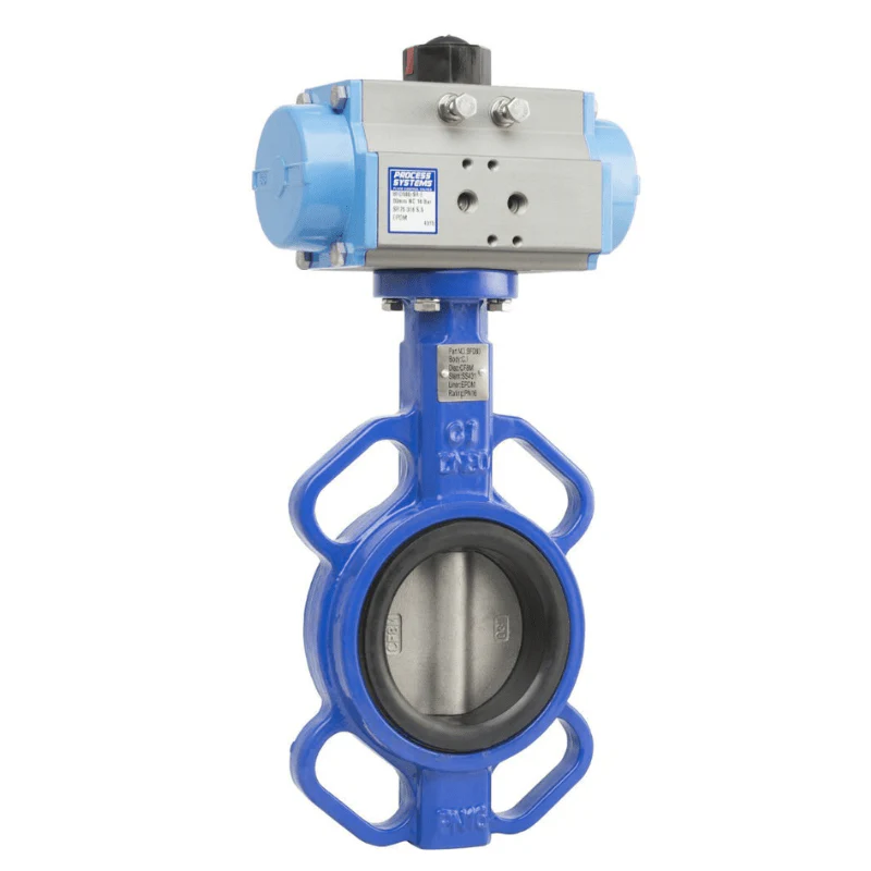 Cast Iron Wafer Butterfly Valve 16 Bar Double Acting Pneumatic 200mm FKM